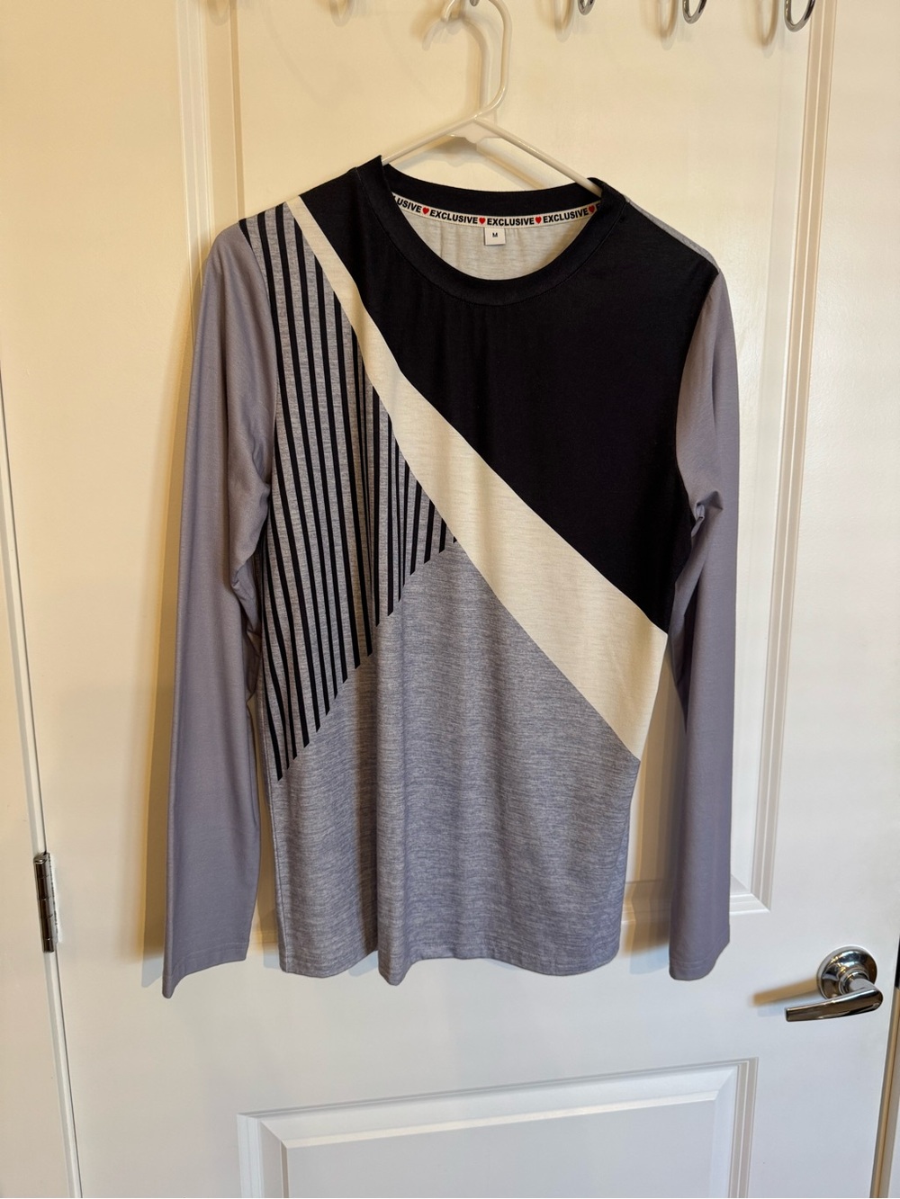 Geometric Colorblock Long Sleeve Top - Black, Gray, White